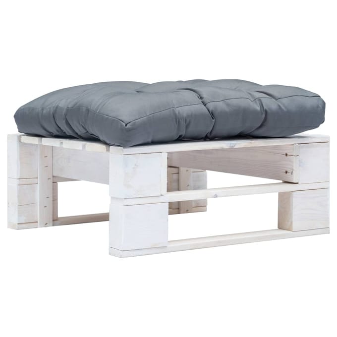 vidaXL - Tuinpoef - met - grijs - kussen - pallet - hout - wit