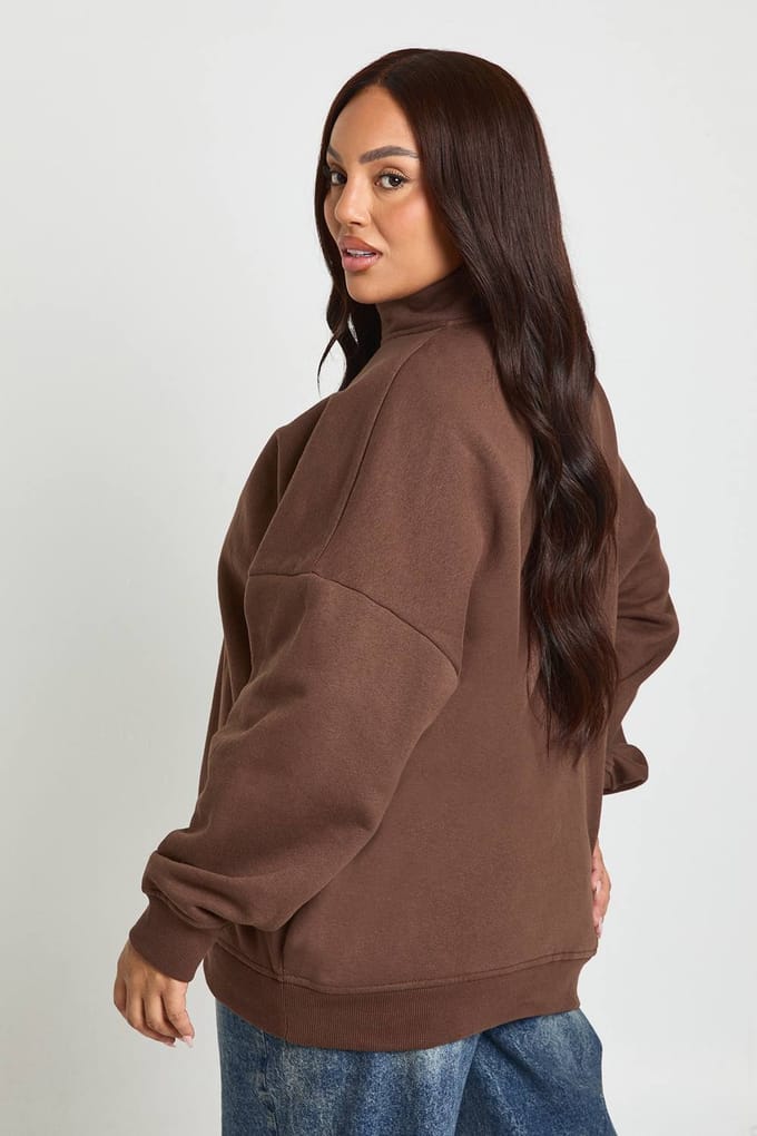boohoo Dames Plus Oversized Half Zip Sweatshirt | Chocoladebruin | Maat: 44