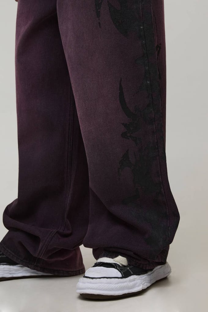 Gothic Bedrukte Overdye Wijde Pijpen Jeans | Purple | Size 32R