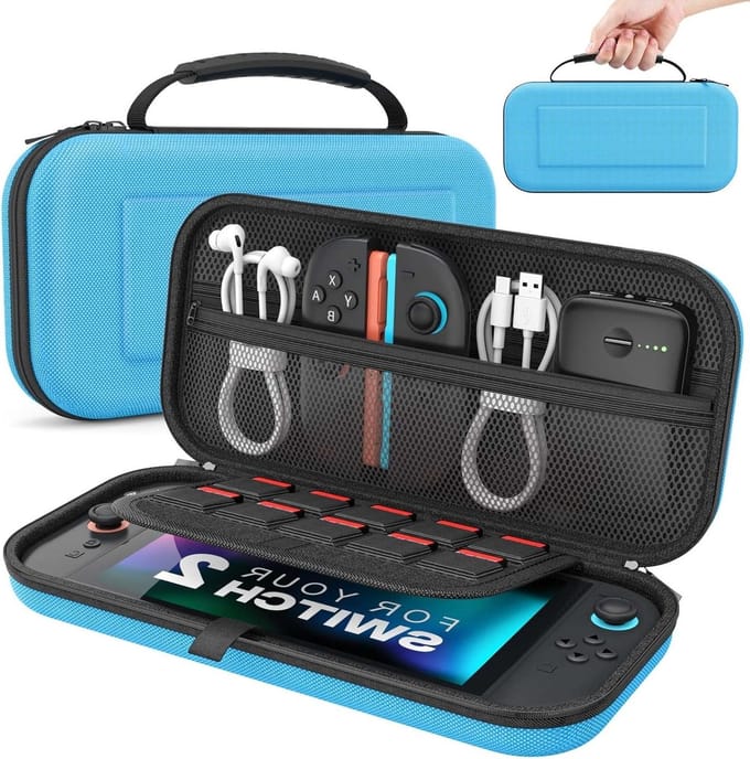 Draagbare hard shell opbergtas voor Nintendo Switch 2 met ruimte voor 10 cartridges en accessoires - Blauw