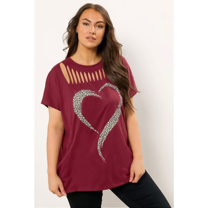 Yours Bordeauxrode Luipaardprint Top Met Hartvormige Streepdetail Size 54-56