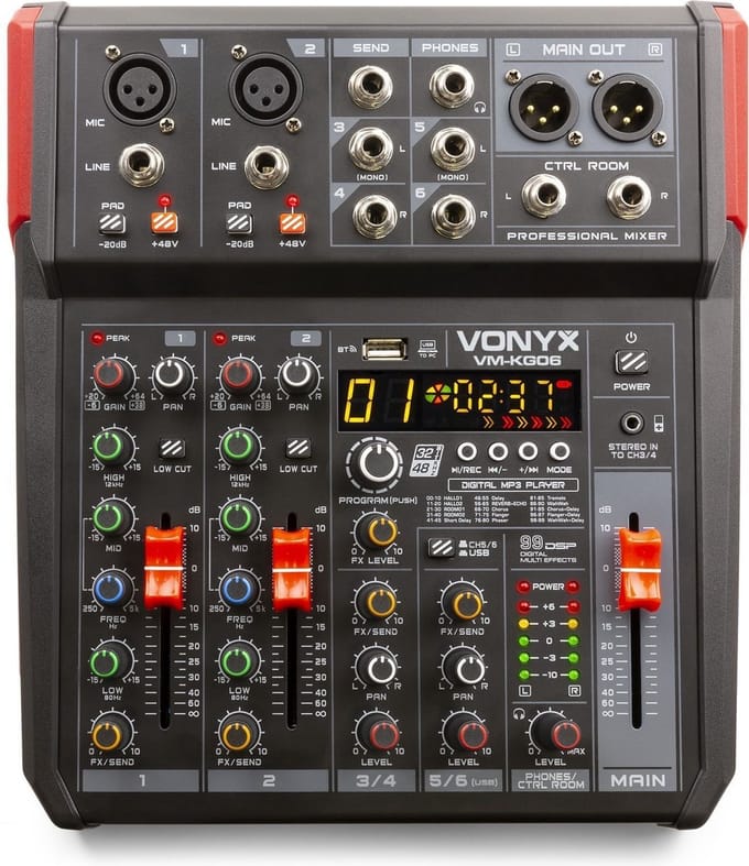 Mengtafel - Vonyx VM-KG06 - 6-kanaals mengpaneel Bluetooth, DSP, mp3 speler en USB audio interface