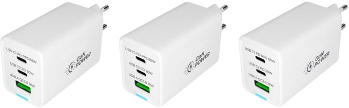 3 stuks OneOne 65W super snellader met 3 poorten. USB A en 2x USB C. Compacte GAN Quick Charge lader. PD PPS oplader adapter past op Apple iPhone 13 Mini, iPhone 13 Pro, iPhone 13 Pro Max, iPhone 14, iPhone 14 Plus, iPhone 14 Pro, iPhone 14 Pro Max