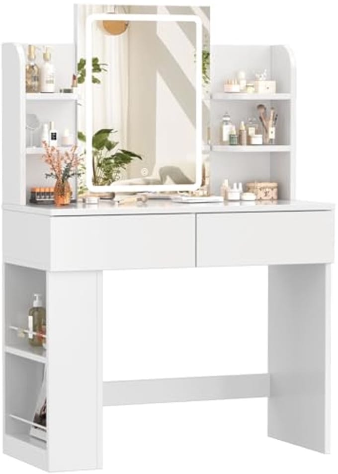 Devoko Dressing Table with Mirror and Lighting,Adjustable Brightness,Makeup Table with 2 Drawers, 4 Shelves, Modern Makeup Desk for Bedroom and Dressing Room, 90 x 40cm (White)