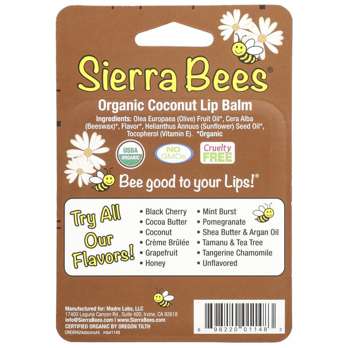 Sierra Bees, Biologische Lippenbalsem, Kokosnoot, 4 Stuks, 0,15 oz (4,25 gram) Elk brown