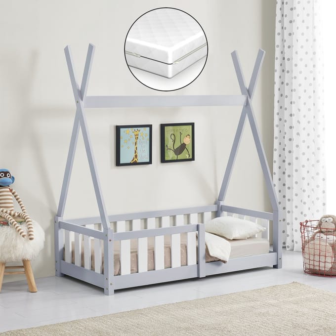 Kinderbed Helsingborg Tipi met uitvalbeveiliging en matras 70x140 cm lichtgrijs