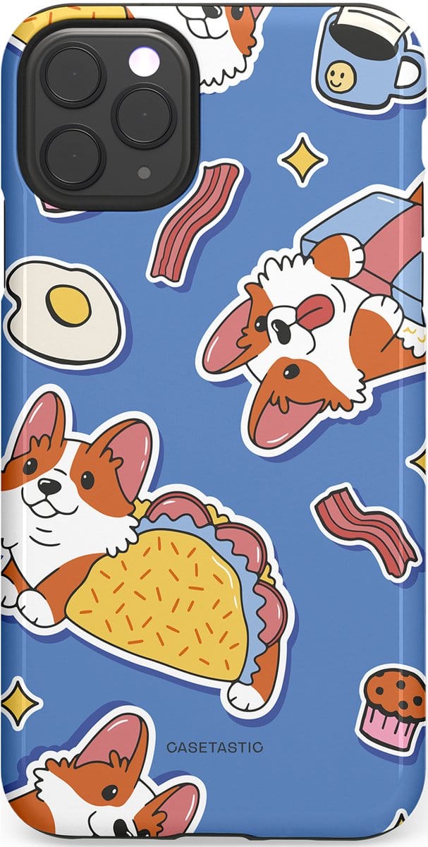Casetastic hoesje geschikt voor Apple iPhone 11 Pro Max - Dubbellaagse bescherming - Corgi en Snacks - Fashion Case - Lavendel Lichtgrijs Terracotta Taupe