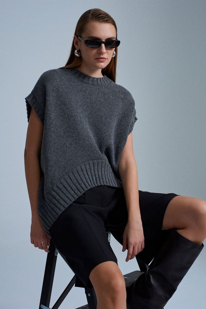 Oversized Geribbelde Gebreide Sweater Vest
