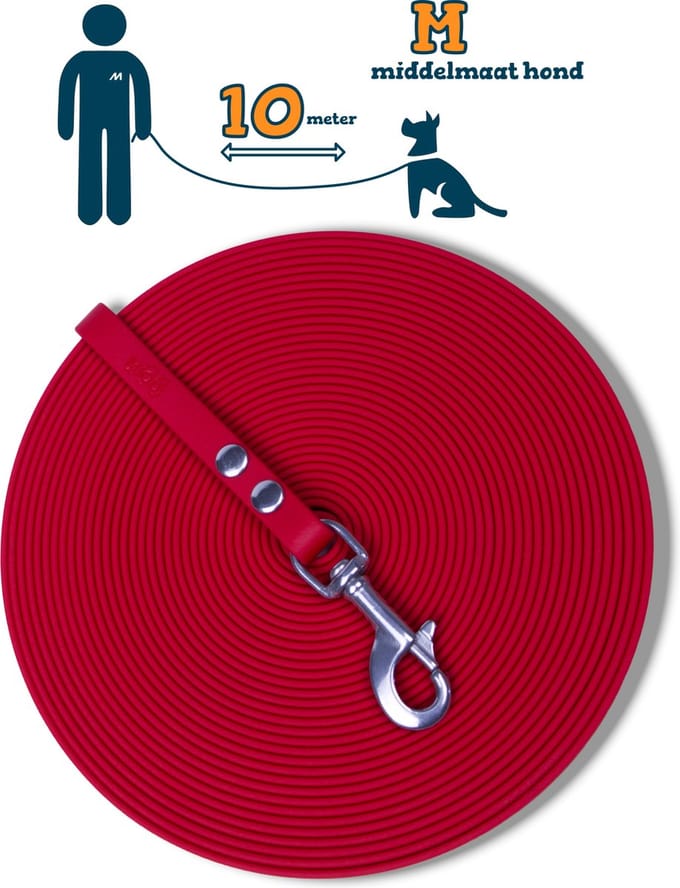 Miqdi BioThane® Sleeplijn 10 meter – zonder handvat – M (13 mm) – rood – waterdicht & sterk