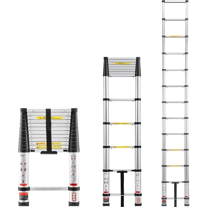 3,8m Telescopische Ladder, Aluminium Lichtgewicht Multifunctionele Opvouwbare Uitschuifbare, Eén-Aanraking Intrekbare Ladder, Robuuste Maximale Capaciteit 150kg met