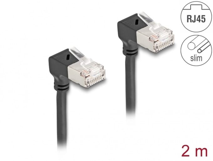 Delock RJ45 Network Cable Cat.6A S/FTP Slim 90° downwards / downwards angled 2 m black