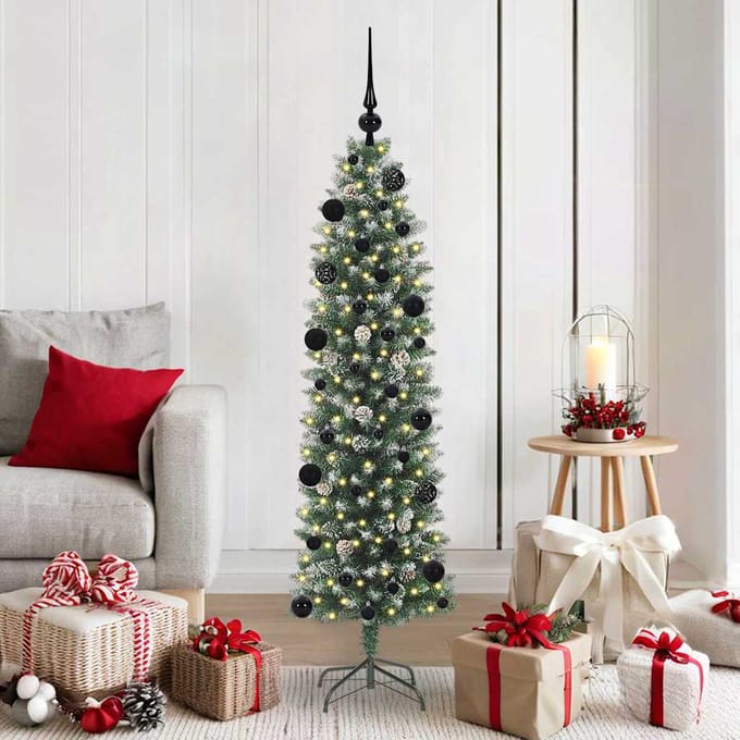 vidaXL Kunstmatige slanke kerstboom Groen en Wit 150 cm