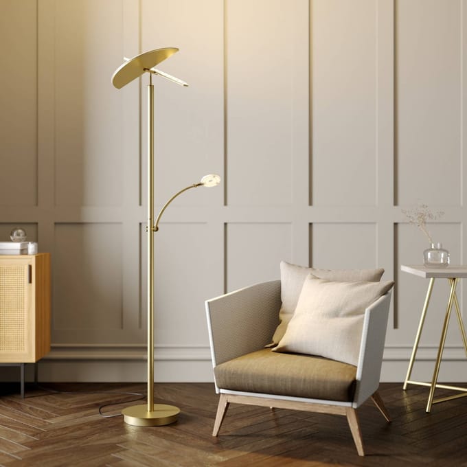 Lucande LED vloerlamp Anniki, messing, verstelbaar, dimbaar