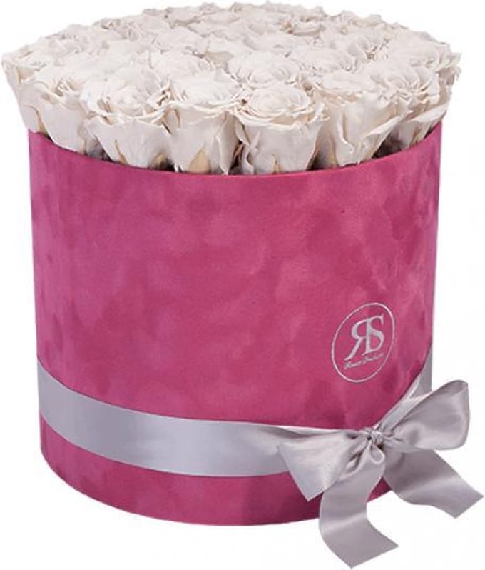 Handgemaakte Rozendoos velvet roze met witte premium roses