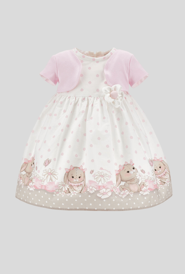 jurk polka stip bloem wit-roze