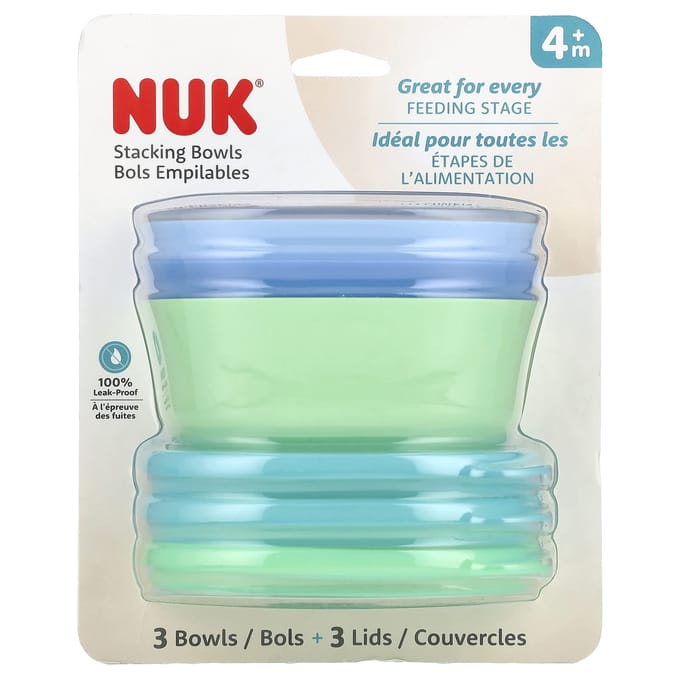 NUK, bols empilables, 4 mois et plus, bleu et vert, 3 bols + 3 couvercles beige