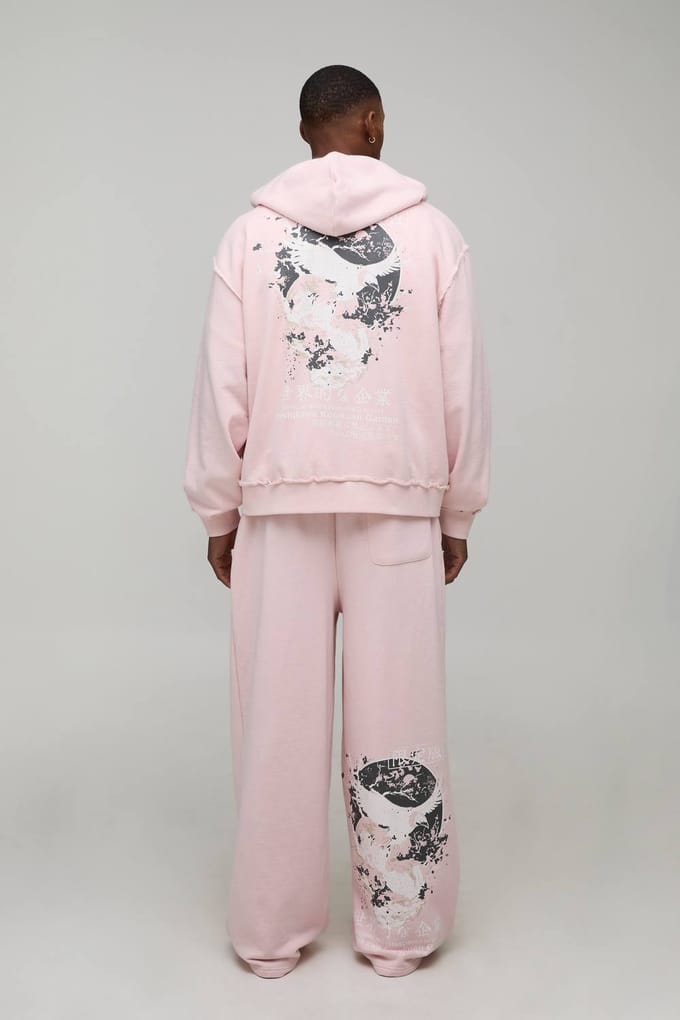 Oversized Boxy Grafische Gewassen Hoodie met Rits | Pink | Size Medium