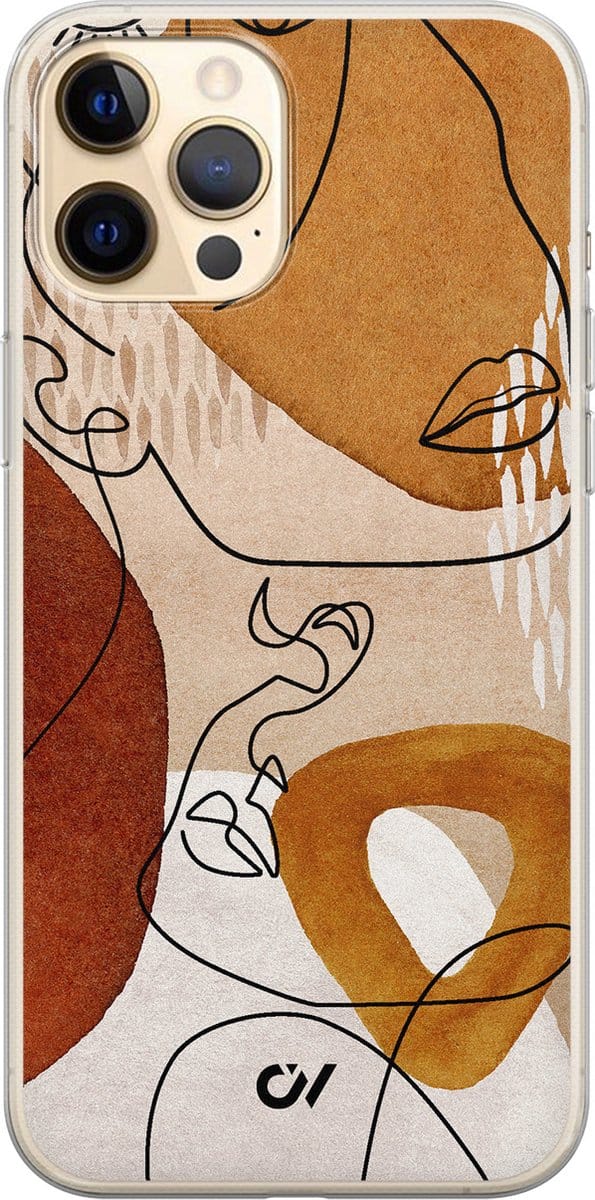 Hoesje geschikt voor Apple iPhone 12 - Abstract Shape Faces - - Bruin - Apple - Casevibes