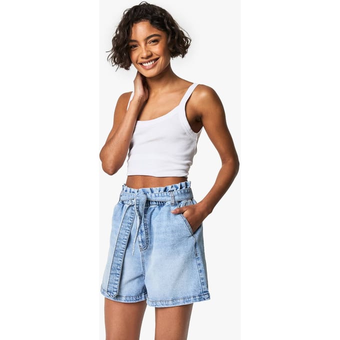 boohoo Dames Denimshort met hoge paperbagtaille | Licht Gebleekt | Maat: 40