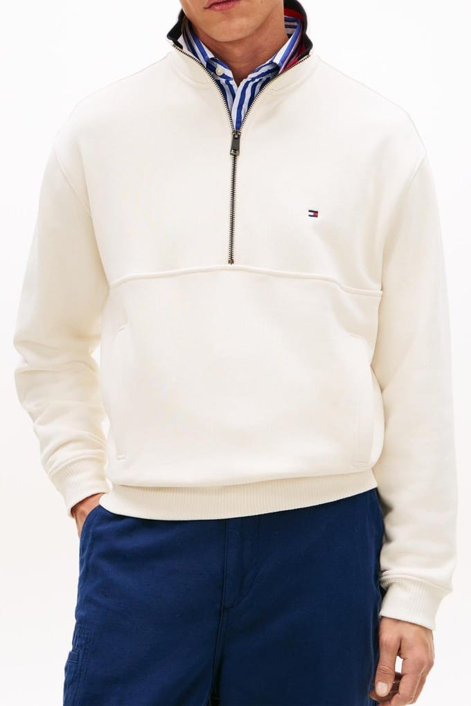 Tommy Hilfiger Flag 1/4 Zip Ivory Petal Größe: M | Pullover Outlet | Herren | Weiß