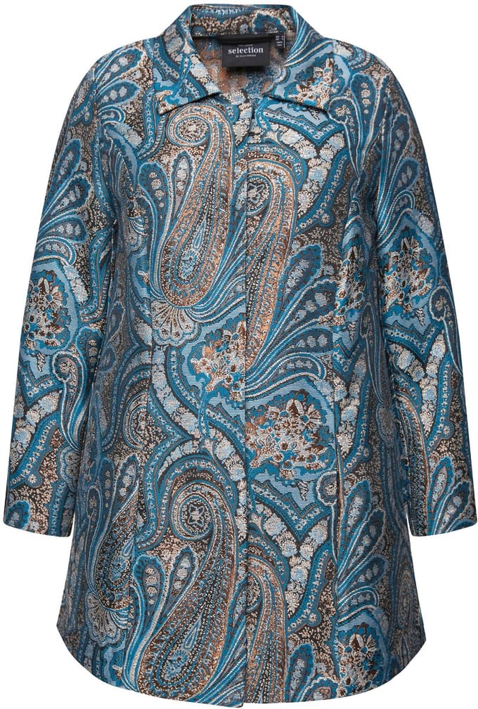 Ulla Popken - Dames - Jacquard jas metallic effect overhemdkraag - Middenblauw - Maat 44