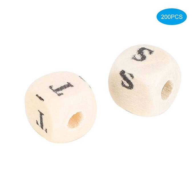 200pcs 10mm Perles de Bijoux DIY Lettre Imprimée Cube Blanc Perles d'Artisanat en Bois beige