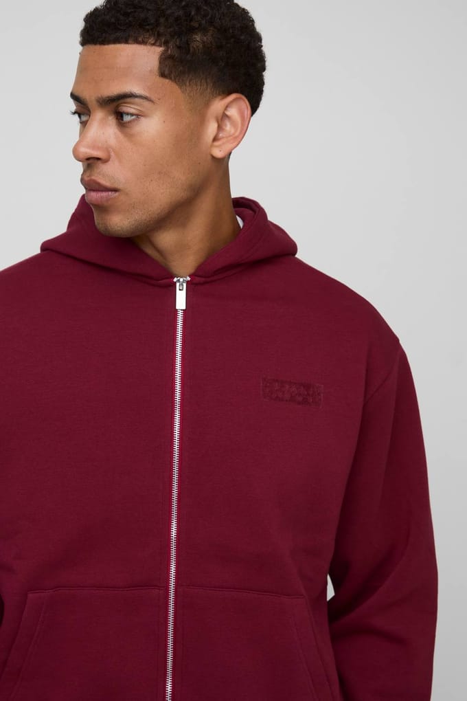 Oversized Boxy Men's Trainingspak met Capuchon, Ritssluiting en Wijde Pijpen | Burgundy | Size Medium