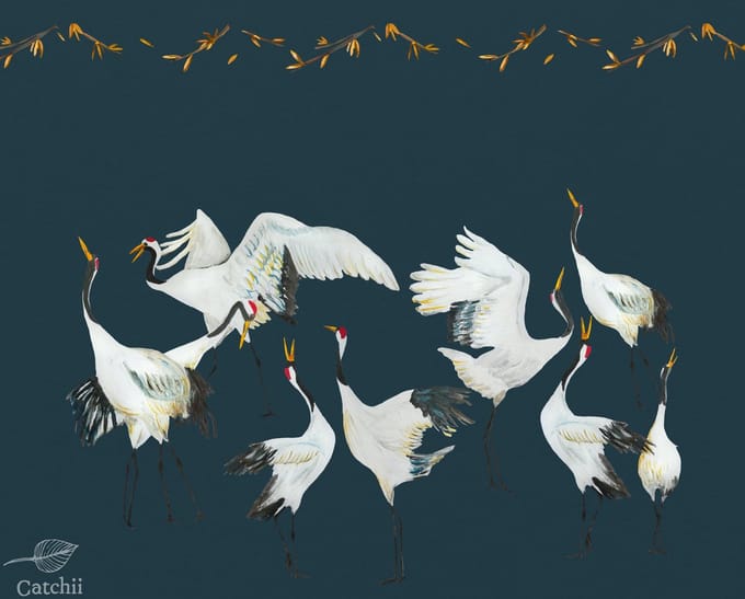 Behang staal Japanese Crane Dance blauw