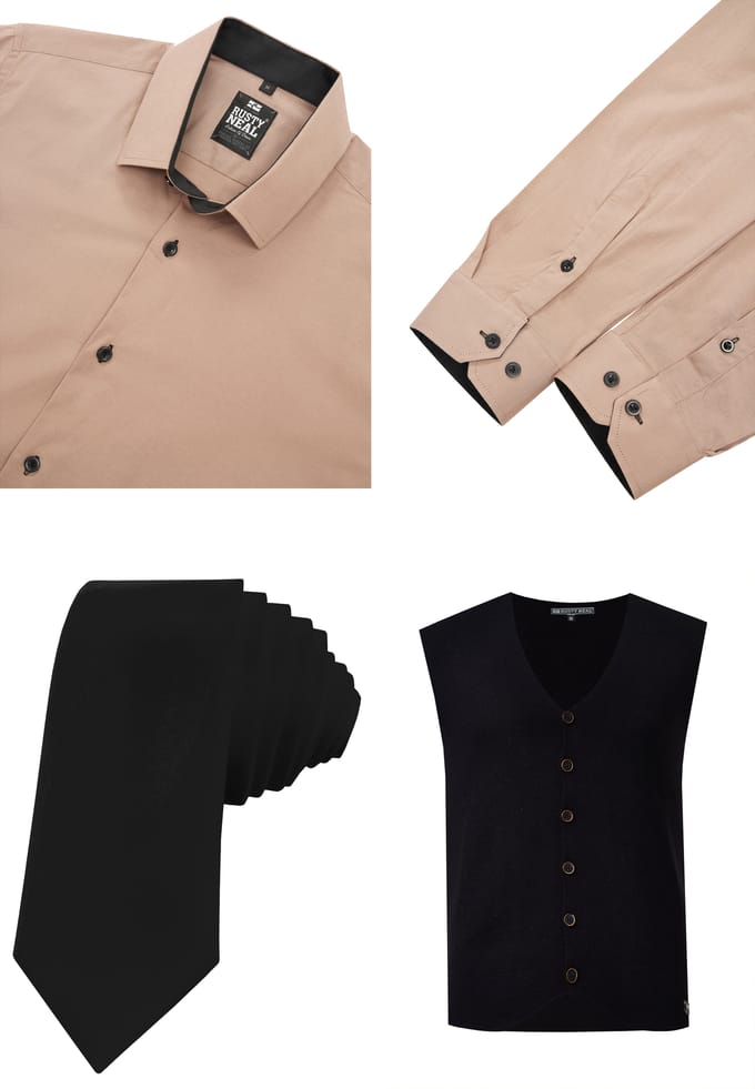 Driedelig pak met overhemd, vest en stropdas
