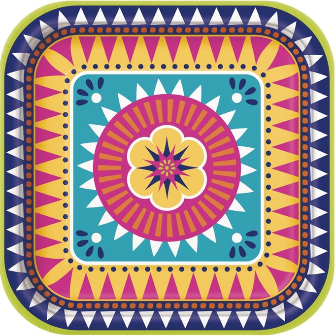UNIQUE - 8 vierkante kartonnen borden boho fiesta 23 cm bloemmotief