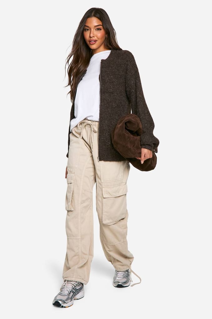 boohoo Dames Oversized Zip Door Gebreide Bomberjack | Chocolate | Maat: Small