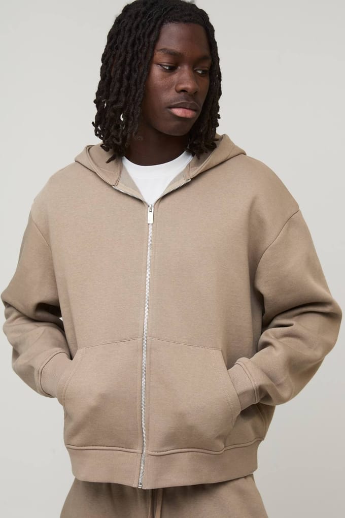 Essential Oversized Boxy Zip Through Hoodie | Taupe | Size Medium