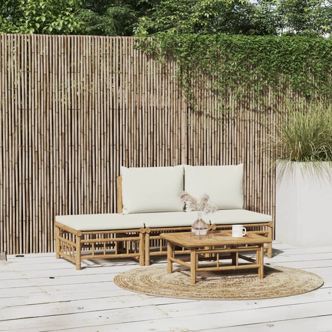 vidaXL - 4-delige - Loungeset - met - kussens - bamboe - crèmewit