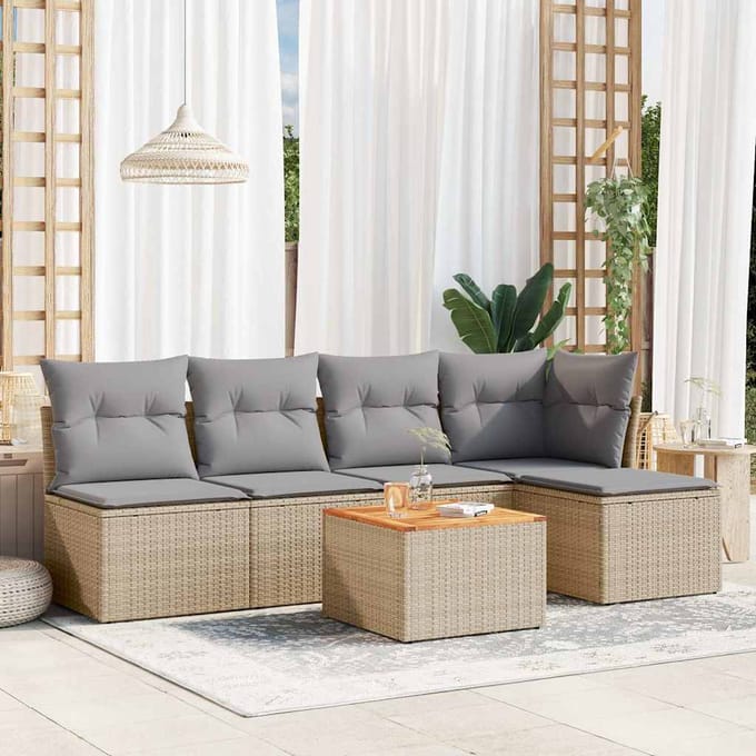 vidaXL - 6-delige - Loungeset - met - kussens - poly - rattan - beige
