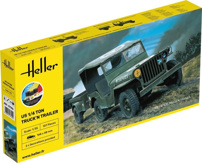 Heller Modelbouwpakket Militaire voertuigen - 57105 US 1/4 Ton Truck - Trailer - Starter Kit Plastic - 1:35 - Modelbouw