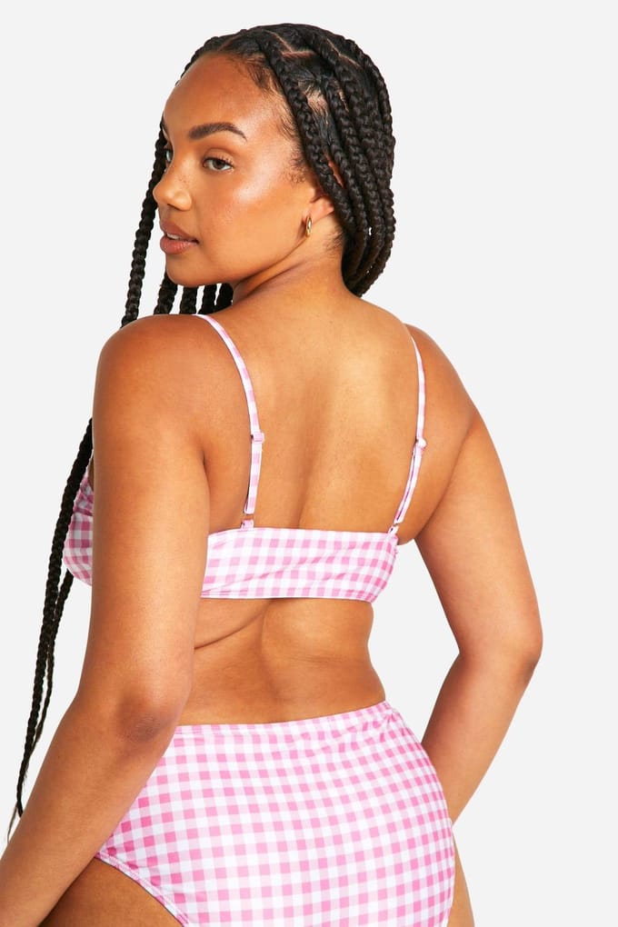 boohoo Dames Plus Gingham Print O Ring Hoge Taille Bikini Top | Roze | Maat: 56
