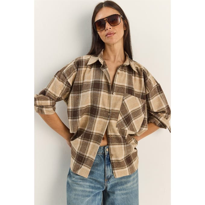 Oversized Langsleeve Geruite Shirt met Zak