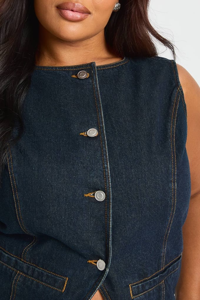 boohoo Dames Plus Denim Lange Button-Down Gilet | Indigo | Maat: 24