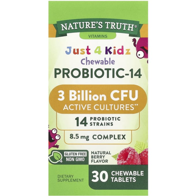 Nature's Truth, Just 4 Kidz, Probiotique à croquer-14, Baies naturelles, 3 milliards d'UFC, 30 comprimés à croquer