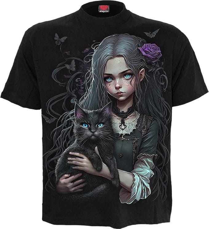 Zwart T-shirt met Grafische Opdruk - Kat, Heks, Biker Stijl