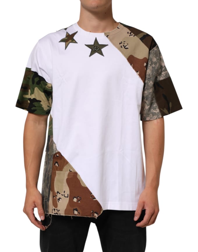 Dolce & Gabbana Witte Camouflage Patchwork Heren Katoenen T-shirt