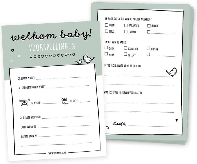 Babyshower invulkaarten - 20 stuks - Groen - Jongen en meisje - Thuismusje