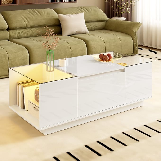 REDOM Salontafel 105×50×35 cm – Hoogglans wit met gehard glas, 2 lades, open vakken en Bluetooth-LED