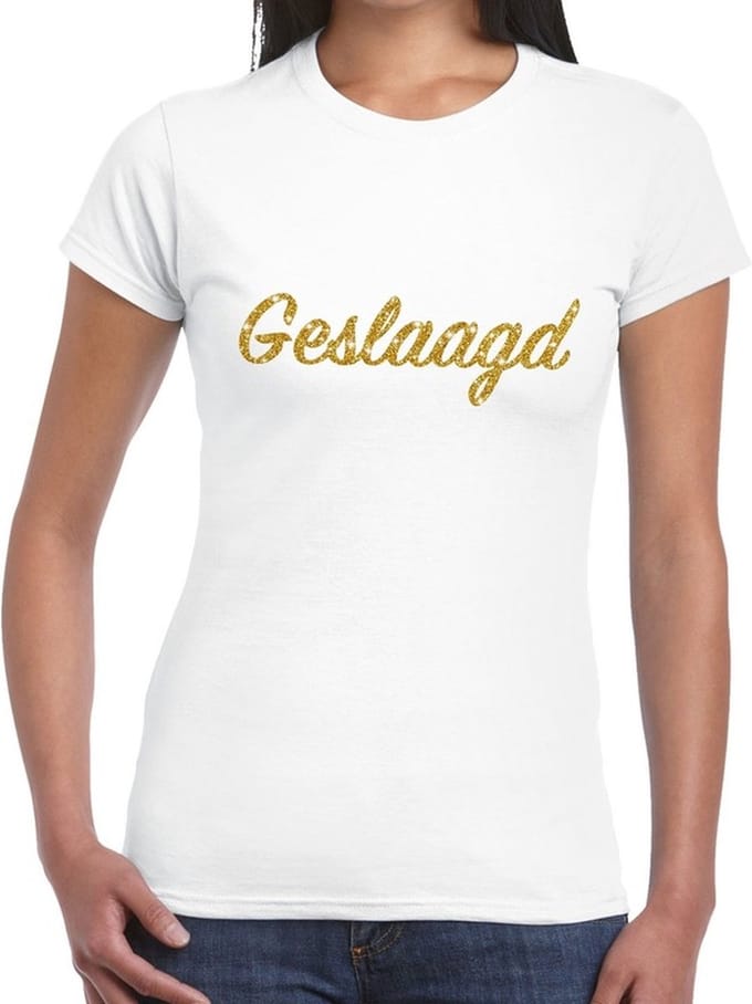 Geslaagd gouden glitter tekst t-shirt wit dames - dames shirt geslaagd - geslaagd / afgestudeerd kleding M