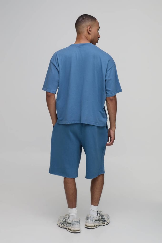 Oversized Boxy T-shirt En Short Set Met B Applicatie En Washed Afwerking | Blue | Size Medium