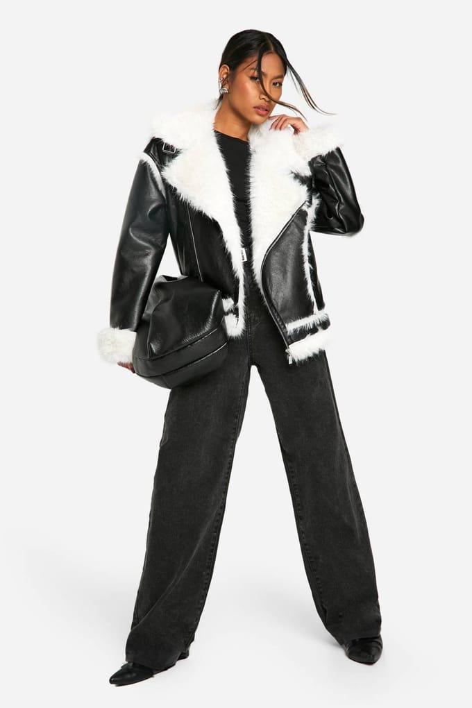 boohoo Dames Faux Fur Trim Oversized Aviator Jacket | Black | Maat: 8