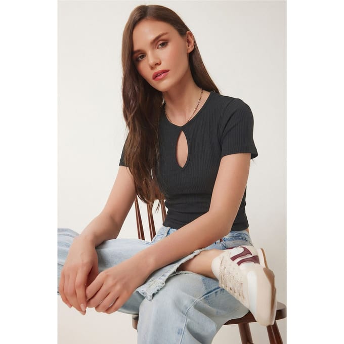 Geribbelde Crewneck Crop Top met Uitsnijding