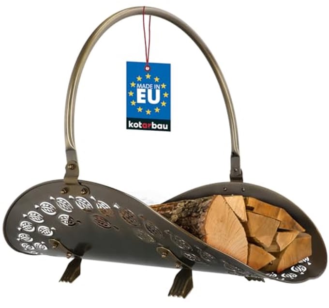 Houten brandhoutmand van metaal met handvat