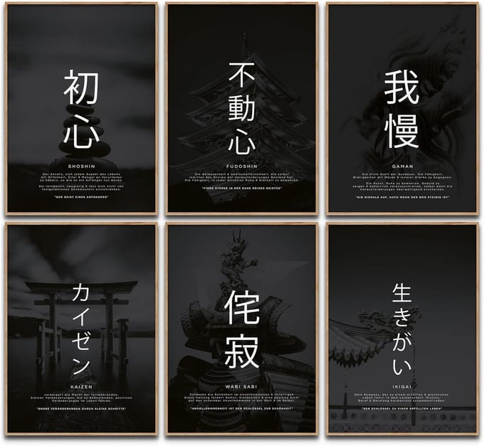 Set van 6 Japanse Levensfilosofie Posters: Kaizen, Ikigai en Zen Wanddecoratie