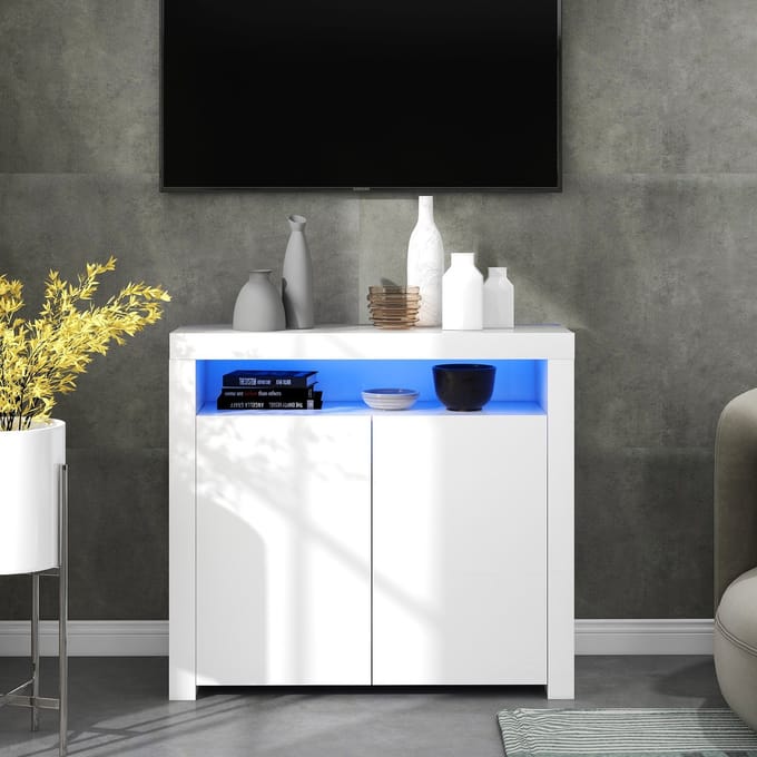 MODFU - Sideboard - LED-Verlichting En 2 Deuren - Modern - Woonkamer - Hout - Wit - 108 x 40 x 92 cm
